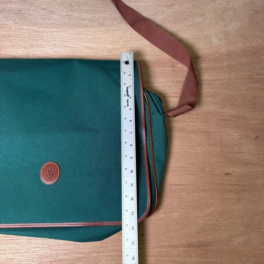 Polo Ralph Lauren Messenger Bag Teal Green Canvas Brown Trim Vintage Crossbody